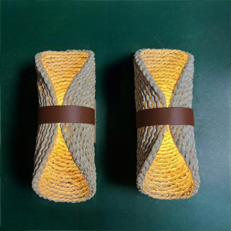 Traditional Japanese Oval Handmade Rattan 2-Light Wall Sconce Lamp For Living Room