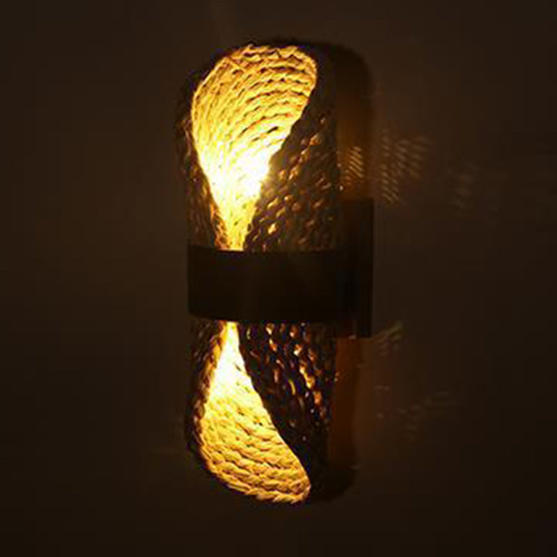Traditional Japanese Oval Handmade Rattan 2-Light Wall Sconce Lamp For Living Room