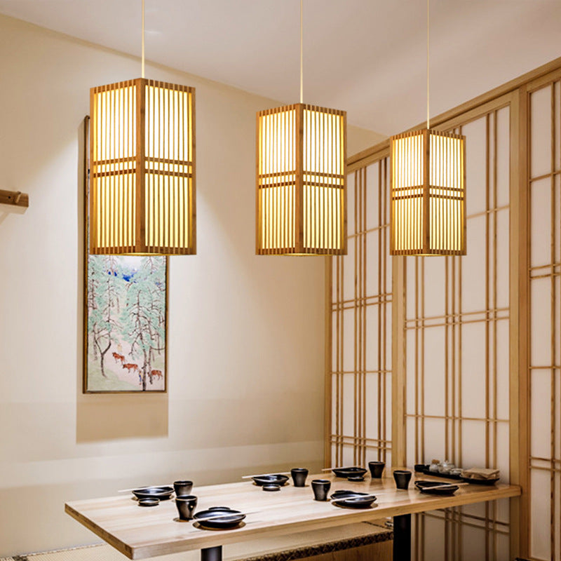 Traditional Japanese Rectangular Hand-Woven Nan Bamboo 1-Light Pendant Light For Living Room