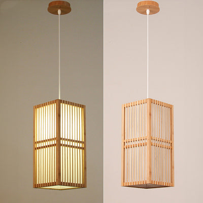 Traditional Japanese Rectangular Hand-Woven Nan Bamboo 1-Light Pendant Light For Living Room