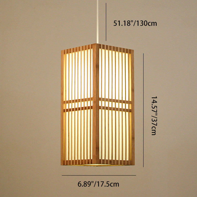 Traditional Japanese Rectangular Hand-Woven Nan Bamboo 1-Light Pendant Light For Living Room