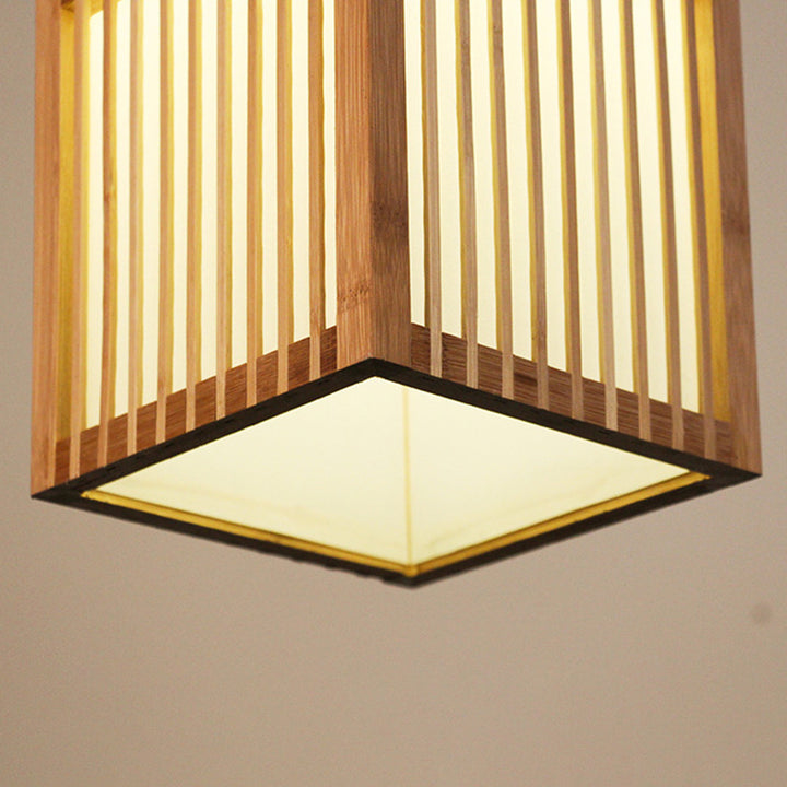 Traditional Japanese Rectangular Hand-Woven Nan Bamboo 1-Light Pendant Light For Living Room