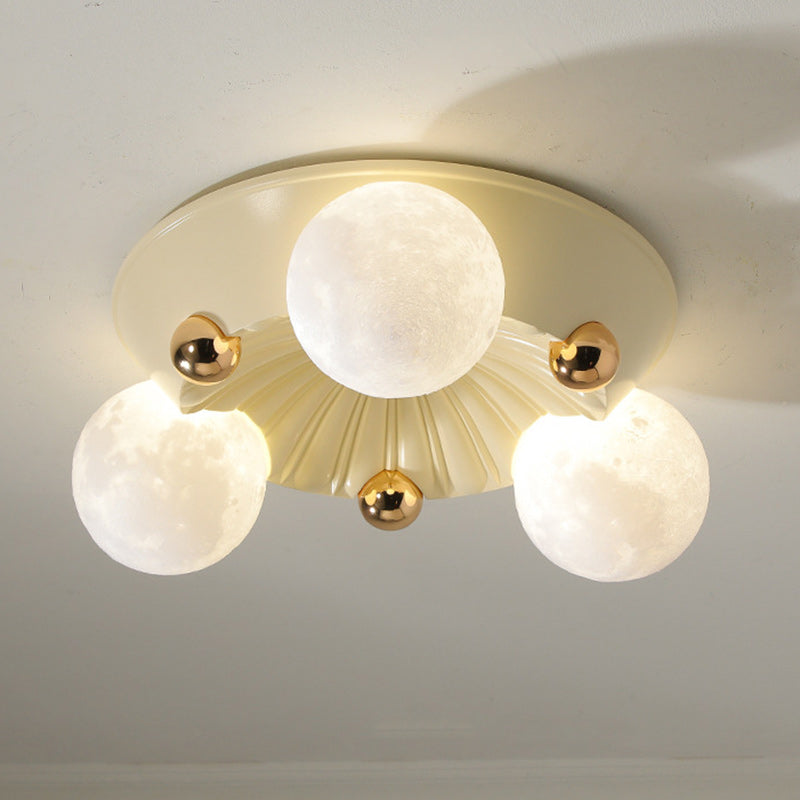 Contemporary Creative Round Orb Moon Hardware Frame Resin Shade 3/5 Light Flush Mount Ceiling Light For Bedroom