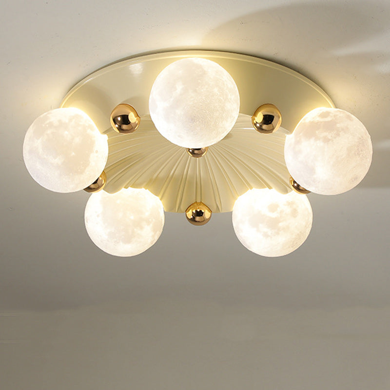 Contemporary Creative Round Orb Moon Hardware Frame Resin Shade 3/5 Light Flush Mount Ceiling Light For Bedroom
