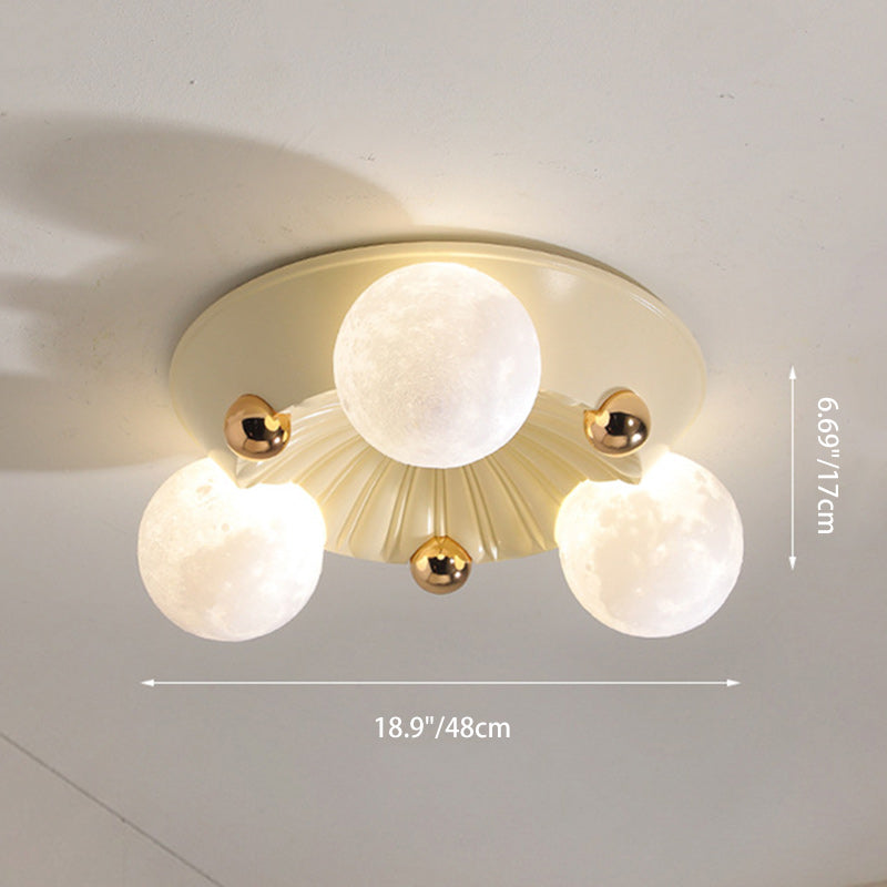 Contemporary Creative Round Orb Moon Hardware Frame Resin Shade 3/5 Light Flush Mount Ceiling Light For Bedroom