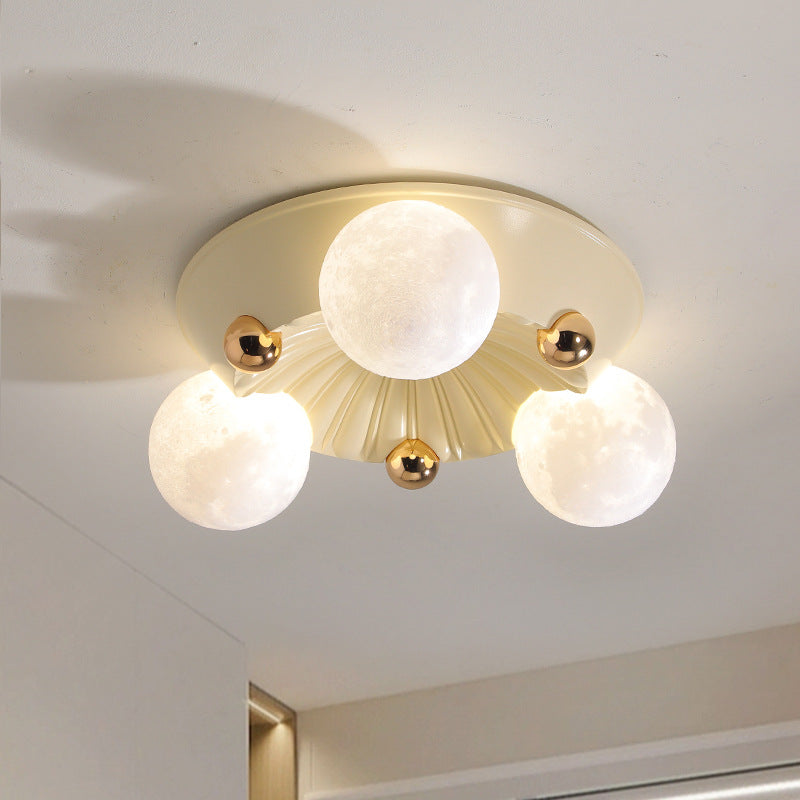 Contemporary Creative Round Orb Moon Hardware Frame Resin Shade 3/5 Light Flush Mount Ceiling Light For Bedroom