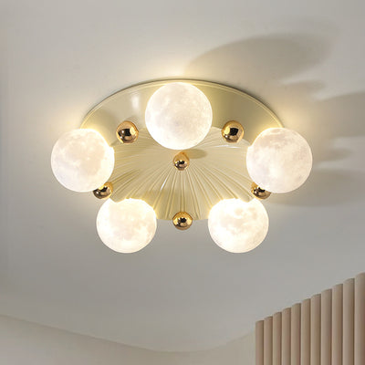 Contemporary Creative Round Orb Moon Hardware Frame Resin Shade 3/5 Light Flush Mount Ceiling Light For Bedroom