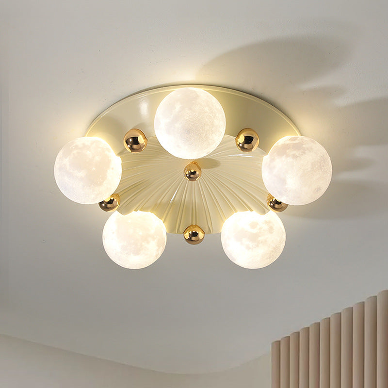 Contemporary Creative Round Orb Moon Hardware Frame Resin Shade 3/5 Light Flush Mount Ceiling Light For Bedroom
