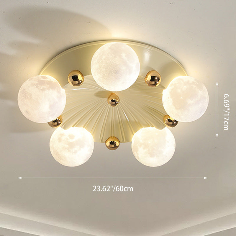 Contemporary Creative Round Orb Moon Hardware Frame Resin Shade 3/5 Light Flush Mount Ceiling Light For Bedroom