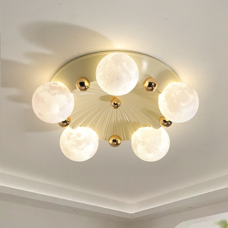 Contemporary Creative Round Orb Moon Hardware Frame Resin Shade 3/5 Light Flush Mount Ceiling Light For Bedroom