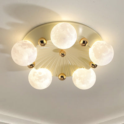Contemporary Creative Round Orb Moon Hardware Frame Resin Shade 3/5 Light Flush Mount Ceiling Light For Bedroom