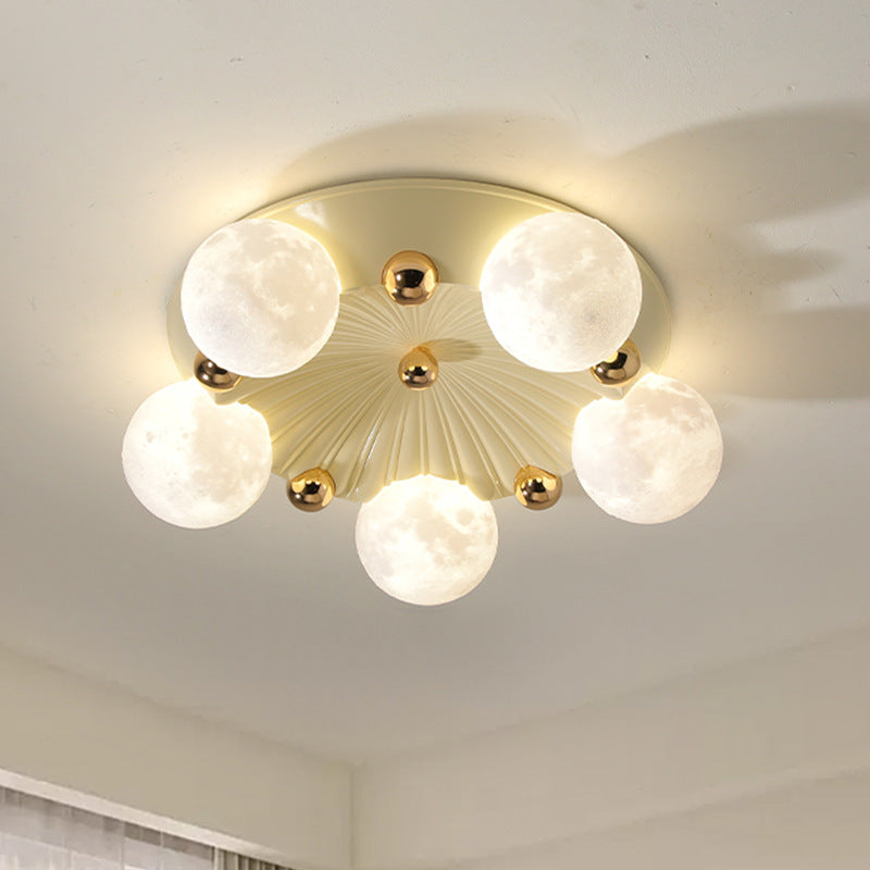 Contemporary Creative Round Orb Moon Hardware Frame Resin Shade 3/5 Light Flush Mount Ceiling Light For Bedroom