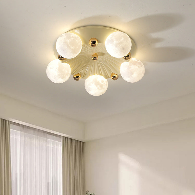 Contemporary Creative Round Orb Moon Hardware Frame Resin Shade 3/5 Light Flush Mount Ceiling Light For Bedroom