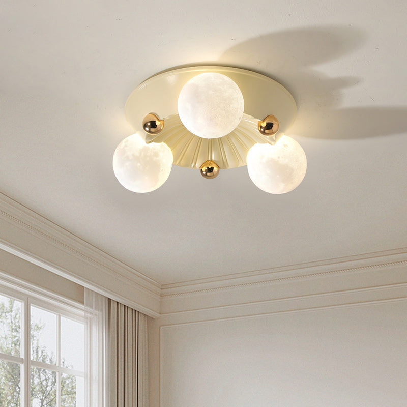 Contemporary Creative Round Orb Moon Hardware Frame Resin Shade 3/5 Light Flush Mount Ceiling Light For Bedroom