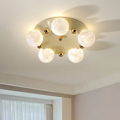 Contemporary Creative Round Orb Moon Hardware Frame Resin Shade 3/5 Light Flush Mount Ceiling Light For Bedroom