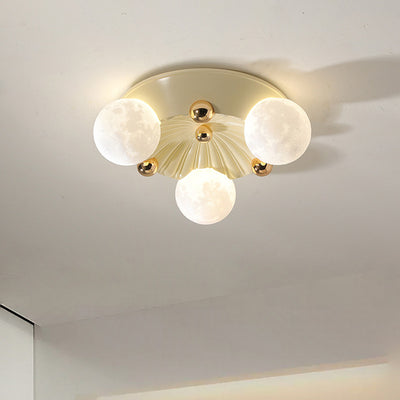 Contemporary Creative Round Orb Moon Hardware Frame Resin Shade 3/5 Light Flush Mount Ceiling Light For Bedroom
