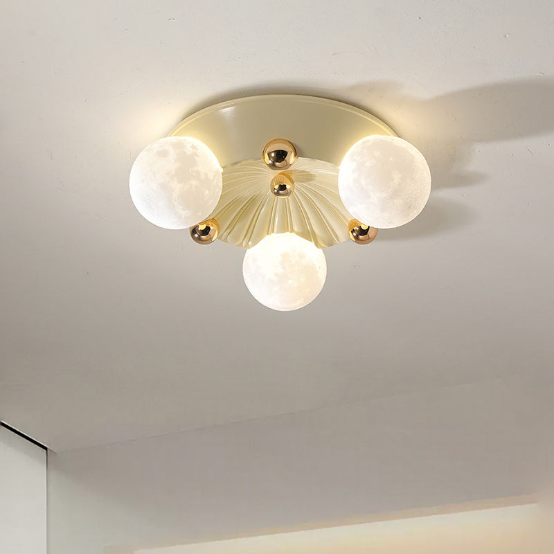 Contemporary Creative Round Orb Moon Hardware Frame Resin Shade 3/5 Light Flush Mount Ceiling Light For Bedroom