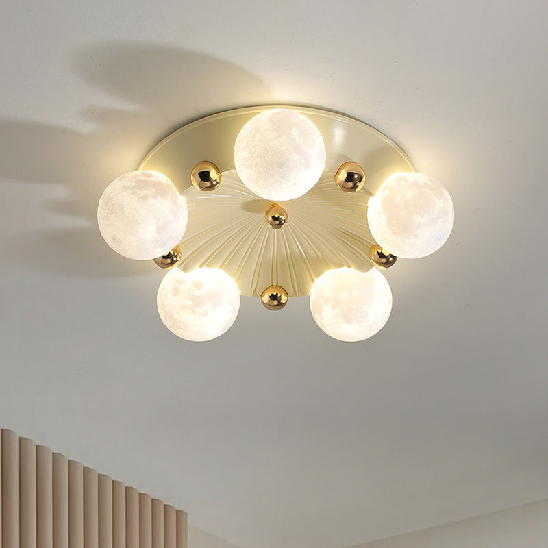 Contemporary Creative Round Orb Moon Hardware Frame Resin Shade 3/5 Light Flush Mount Ceiling Light For Bedroom