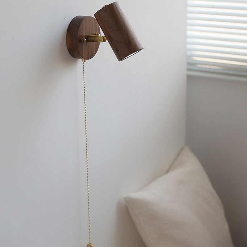 Traditional Vintage Cylindrical Copper Frame Wood Shade 1-Light Wall Sconce Lamp For Living Room