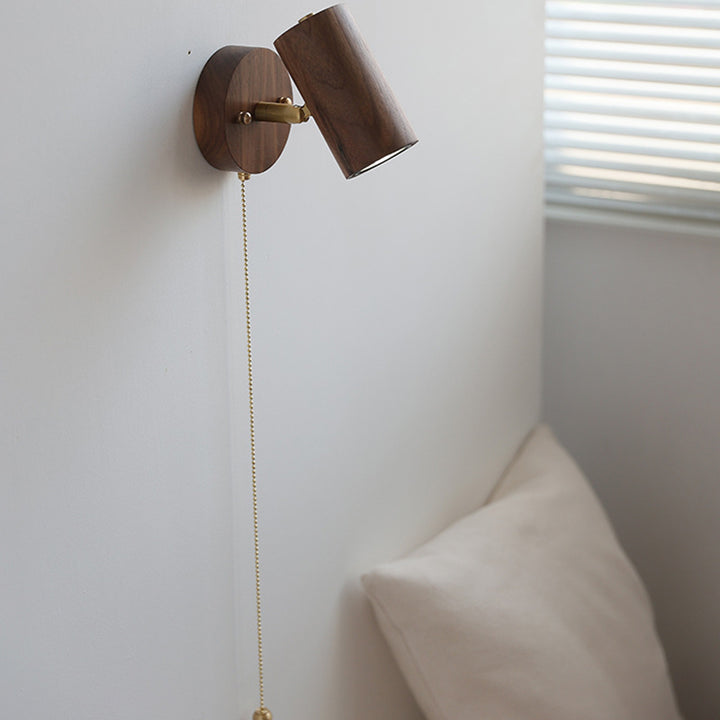 Traditional Vintage Cylindrical Copper Frame Wood Shade 1-Light Wall Sconce Lamp For Living Room