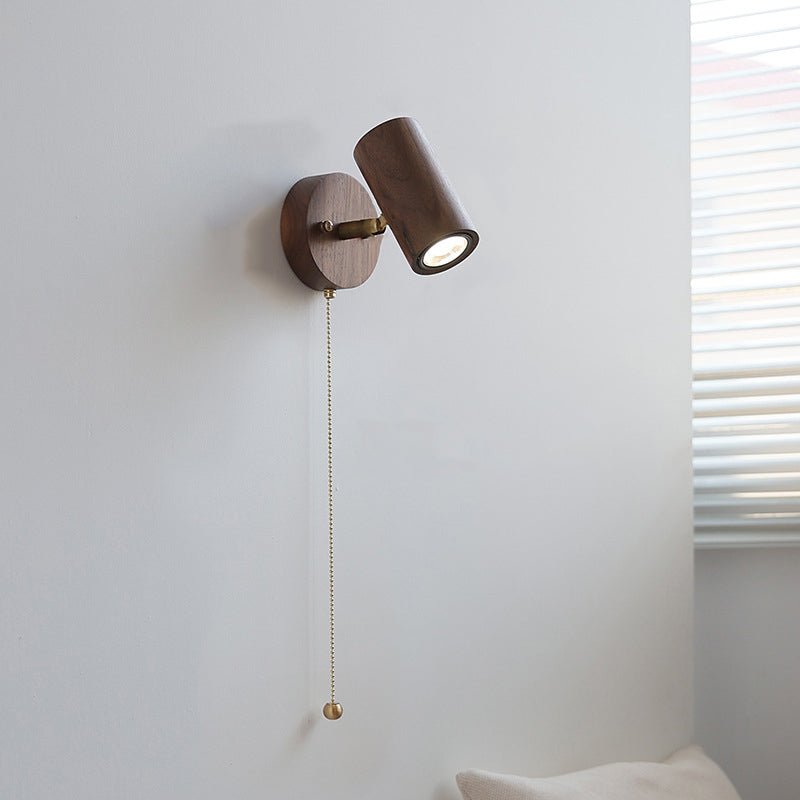 Traditional Vintage Cylindrical Copper Frame Wood Shade 1-Light Wall Sconce Lamp For Living Room