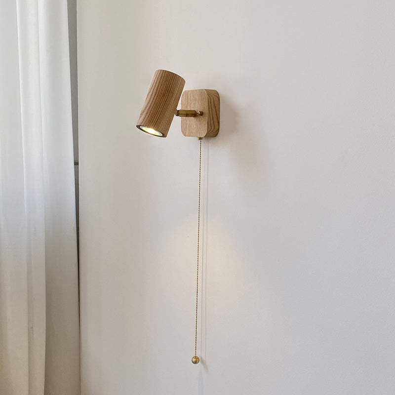 Traditional Vintage Cylindrical Copper Frame Wood Shade 1-Light Wall Sconce Lamp For Living Room