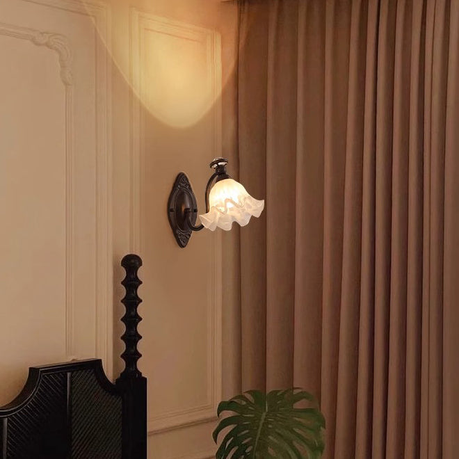 Traditional Vintage Bell Orchid Hardware Curved Rod Glass Shade 1-Light Wall Sconce Lamp For Living Room
