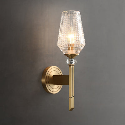 Zeitgenössische nordische Zylinderbecherform Vollmessingrahmen Glasschirm 1-Licht Wandleuchte für Wohnzimmer 