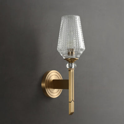 Zeitgenössische nordische Zylinderbecherform Vollmessingrahmen Glasschirm 1-Licht Wandleuchte für Wohnzimmer 