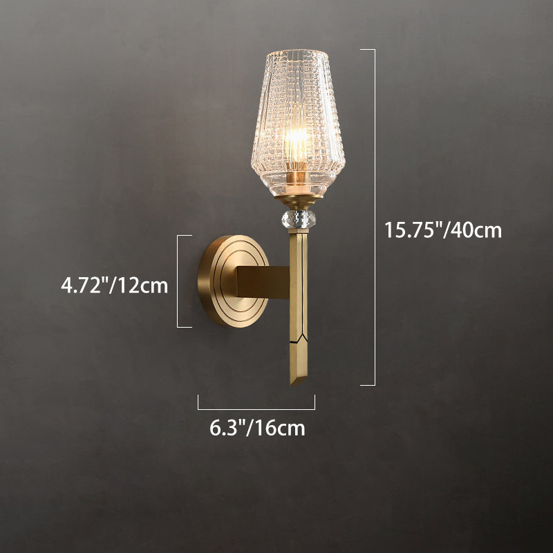 Zeitgenössische nordische Zylinderbecherform Vollmessingrahmen Glasschirm 1-Licht Wandleuchte für Wohnzimmer 
