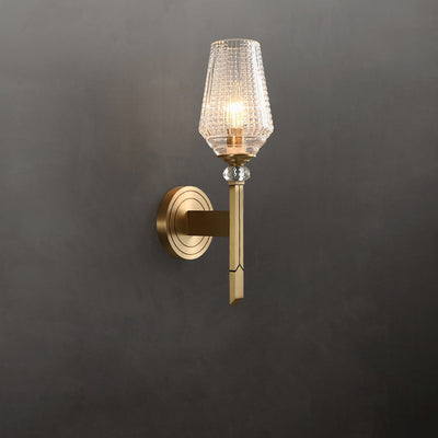Zeitgenössische nordische Zylinderbecherform Vollmessingrahmen Glasschirm 1-Licht Wandleuchte für Wohnzimmer 
