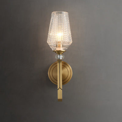 Zeitgenössische nordische Zylinderbecherform Vollmessingrahmen Glasschirm 1-Licht Wandleuchte für Wohnzimmer 