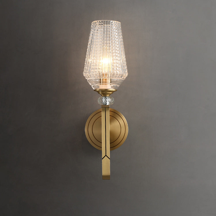 Zeitgenössische nordische Zylinderbecherform Vollmessingrahmen Glasschirm 1-Licht Wandleuchte für Wohnzimmer 