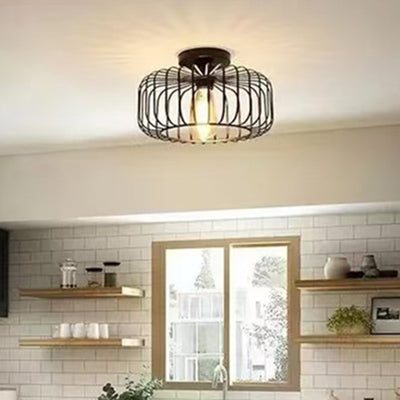 Modern Minimalist Round Line Cage Iron 1-Light Semi-Flush Mount Ceiling Light For Living Room