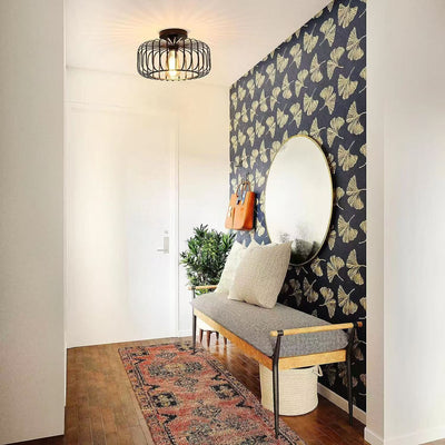 Modern Minimalist Round Line Cage Iron 1-Light Semi-Flush Mount Ceiling Light For Living Room