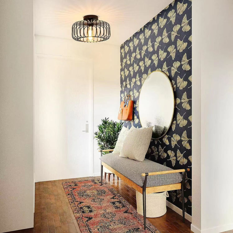 Modern Minimalist Round Line Cage Iron 1-Light Semi-Flush Mount Ceiling Light For Living Room