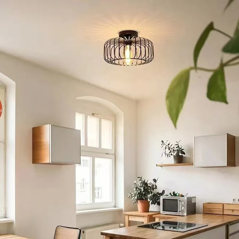 Modern Minimalist Round Line Cage Iron 1-Light Semi-Flush Mount Ceiling Light For Living Room