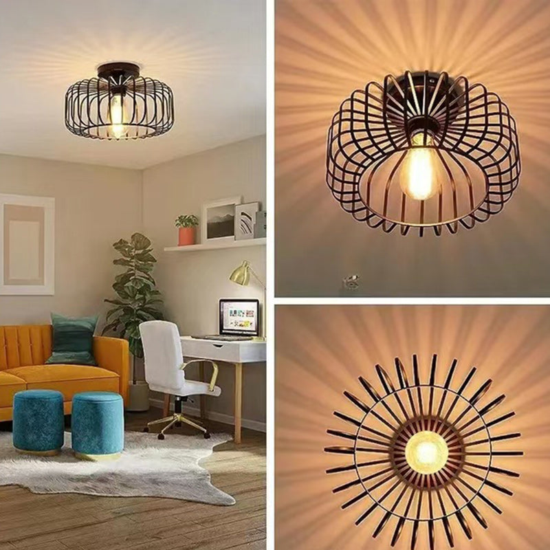 Modern Minimalist Round Line Cage Iron 1-Light Semi-Flush Mount Ceiling Light For Living Room