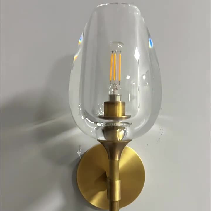 Contemporary Nordic Round Cylinder Cup Shape Copper Frame Crystal Shade 1/2 Light Wall Sconce Lamp For Bedroom