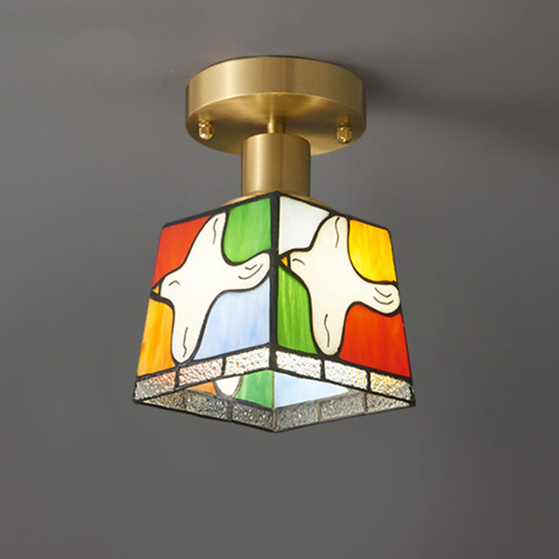 Modern Mid-Century Square Dove Of Peace Full Copper Frame Glass Shade 1-Light Semi-Flush Mount Ceiling Light For Living Room