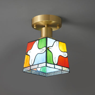 Modern Mid-Century Square Dove Of Peace Full Copper Frame Glass Shade 1-Light Semi-Flush Mount Ceiling Light For Living Room