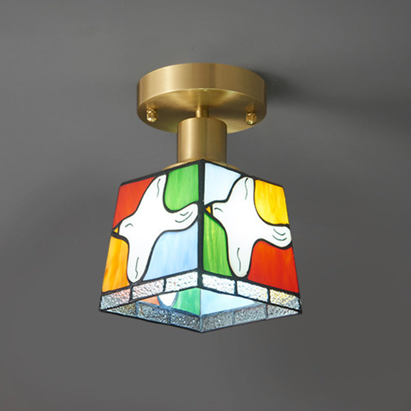 Modern Mid-Century Square Dove Of Peace Full Copper Frame Glass Shade 1-Light Semi-Flush Mount Ceiling Light For Living Room