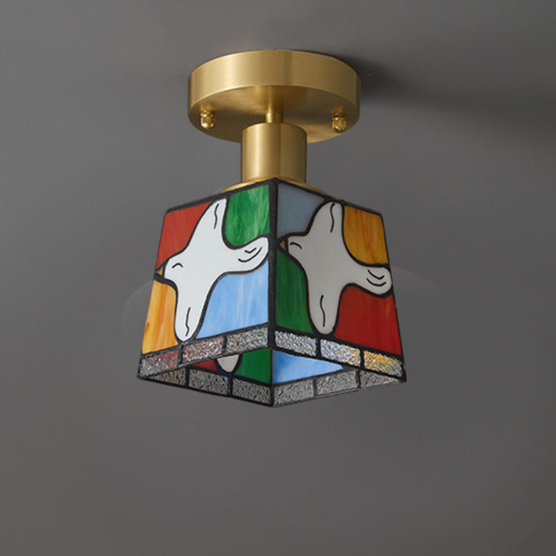 Modern Mid-Century Square Dove Of Peace Full Copper Frame Glass Shade 1-Light Semi-Flush Mount Ceiling Light For Living Room