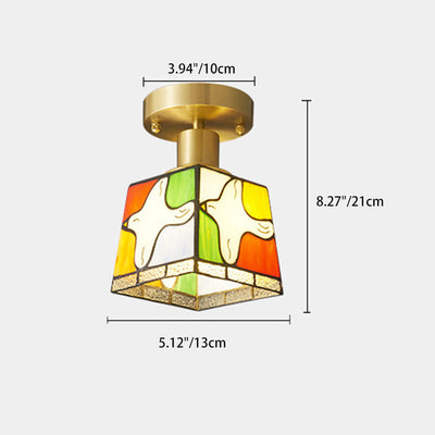 Modern Mid-Century Square Dove Of Peace Full Copper Frame Glass Shade 1-Light Semi-Flush Mount Ceiling Light For Living Room
