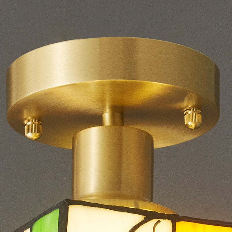 Modern Mid-Century Square Dove Of Peace Full Copper Frame Glass Shade 1-Light Semi-Flush Mount Ceiling Light For Living Room