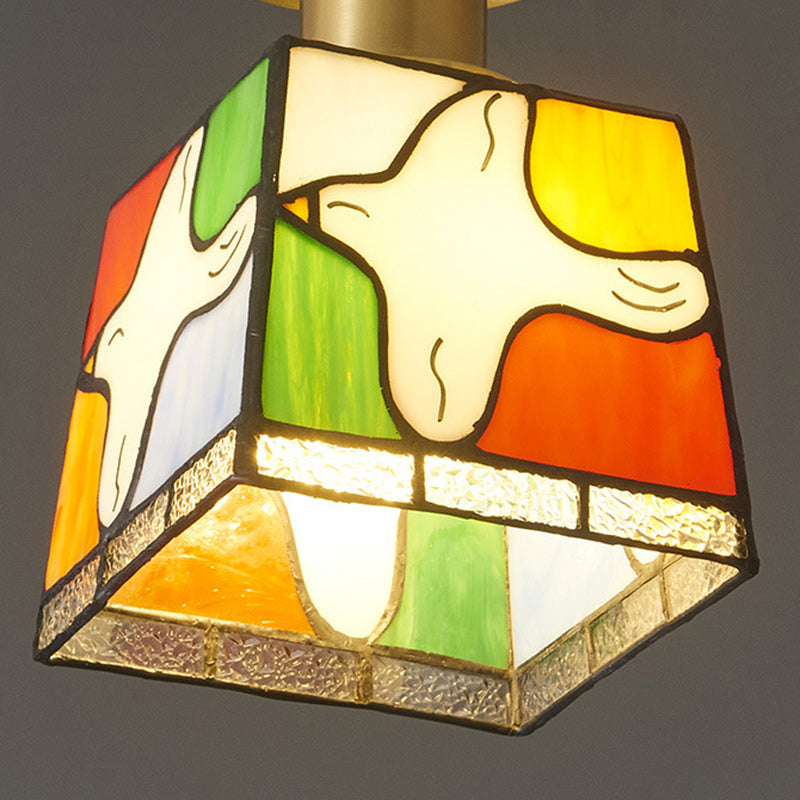 Modern Mid-Century Square Dove Of Peace Full Copper Frame Glass Shade 1-Light Semi-Flush Mount Ceiling Light For Living Room