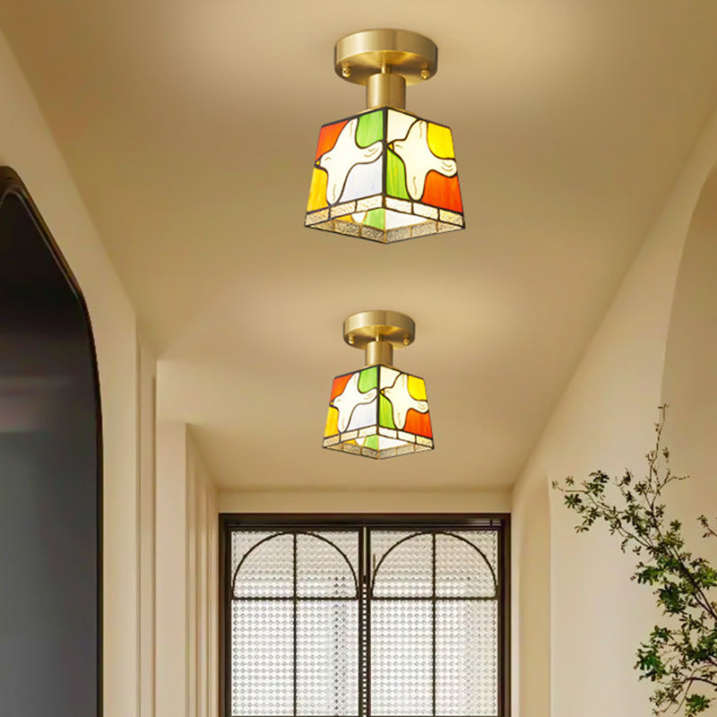 Modern Mid-Century Square Dove Of Peace Full Copper Frame Glass Shade 1-Light Semi-Flush Mount Ceiling Light For Living Room
