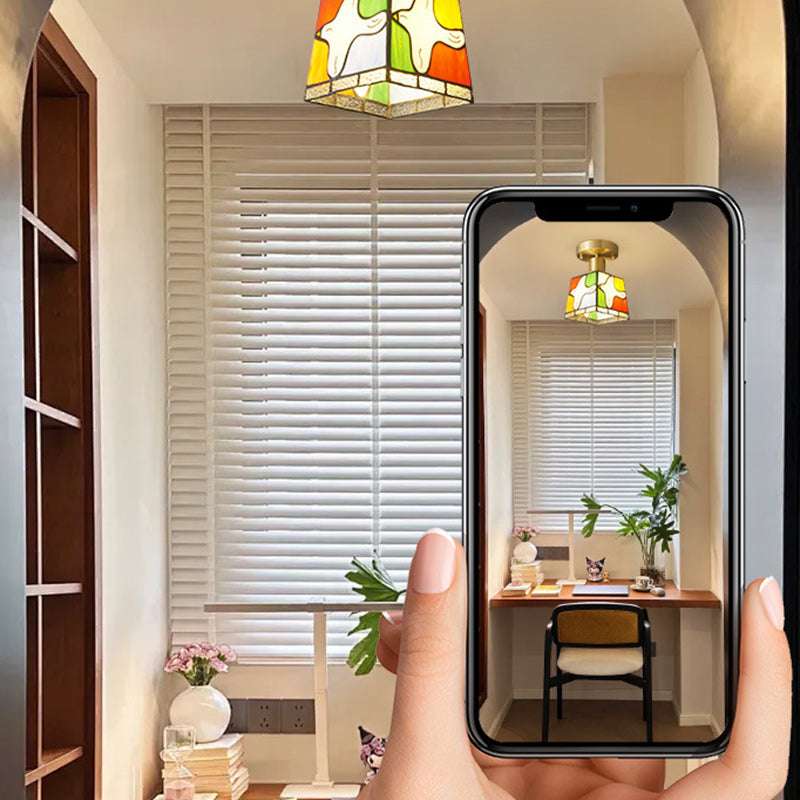 Modern Mid-Century Square Dove Of Peace Full Copper Frame Glass Shade 1-Light Semi-Flush Mount Ceiling Light For Living Room