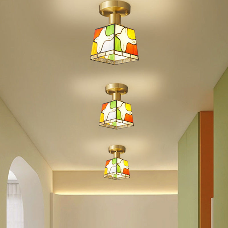Modern Mid-Century Square Dove Of Peace Full Copper Frame Glass Shade 1-Light Semi-Flush Mount Ceiling Light For Living Room