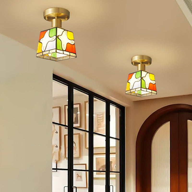 Modern Mid-Century Square Dove Of Peace Full Copper Frame Glass Shade 1-Light Semi-Flush Mount Ceiling Light For Living Room